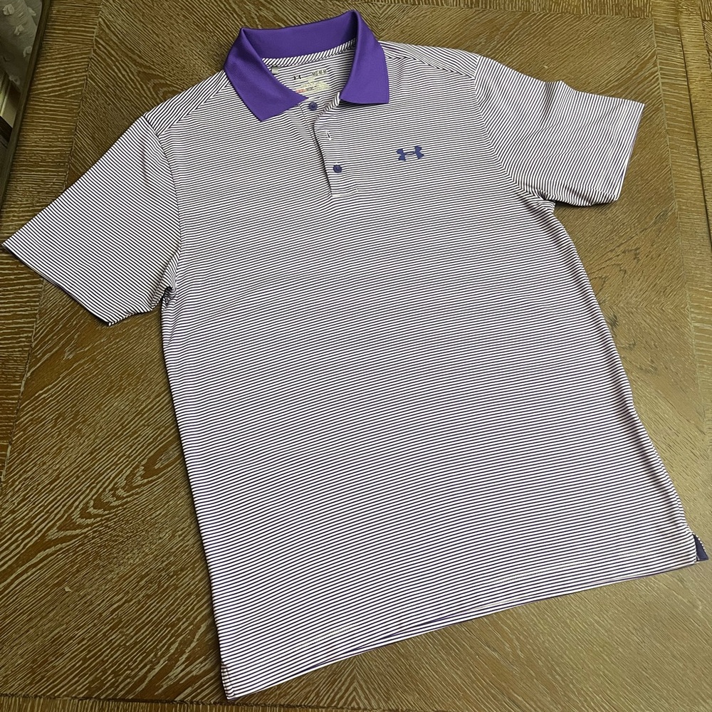 SOLD Under Armour Men Golf Polo Shirt Heat Gear Loose Fit with Purple Accents